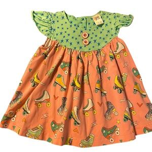 Kids Girls Ruffle Sleeve Roller Skate Print Dress Peach Green Stars Size 18m